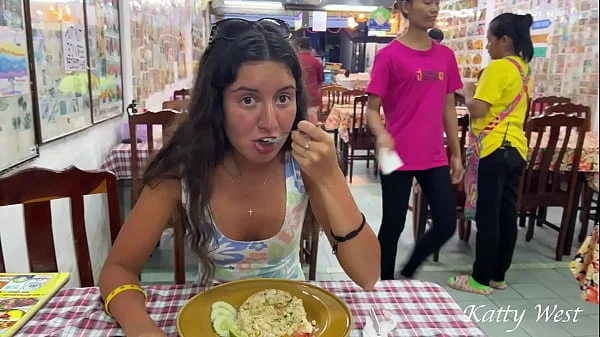 Katty eats lunch in an Asian cafe without panties and flashing pussy in public