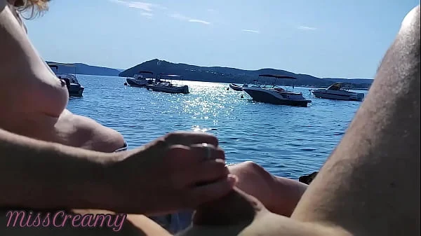 French Milf Handjob Amateur on Nude Beach public in Greece to stranger with Cumshot - MissCreamy