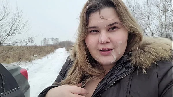 Huge facial of a cute BBW blonde with big breasts in inclement weather