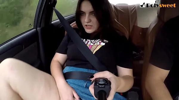 Public masturbation of a brunette in a car on the go. (eng sub)