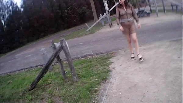 Flashing, masturbating and pissing in a public place in fishnet outfit