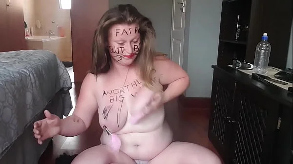 Big fat worthless pig degrading herself | body writing |hair pulling | self slapping