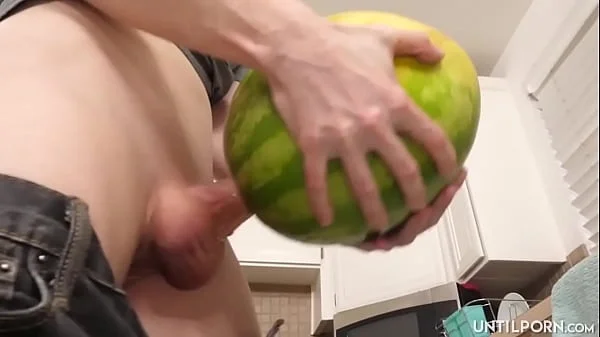 My stepsister catches me fucking a watermelon and then she wants to give me a blowjob